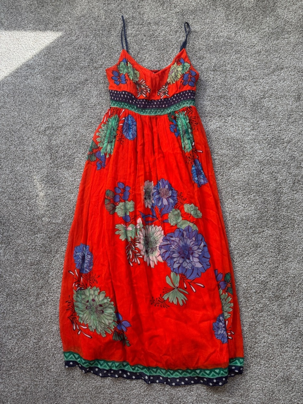 Maeve Anthropologie Red Orange Floral Maxi Dress with Navy Trim